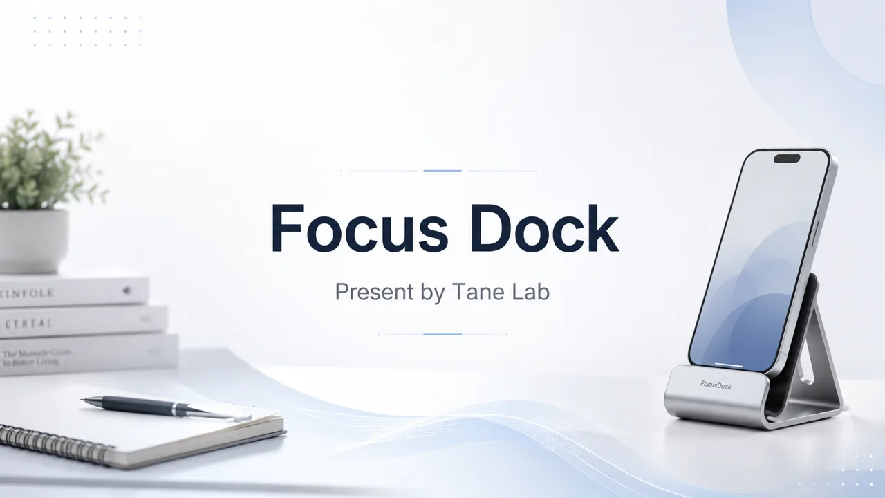 机の上のノートとFocusDockのNFCスマホスタンドを組み合わせたプロジェクトビジュアル