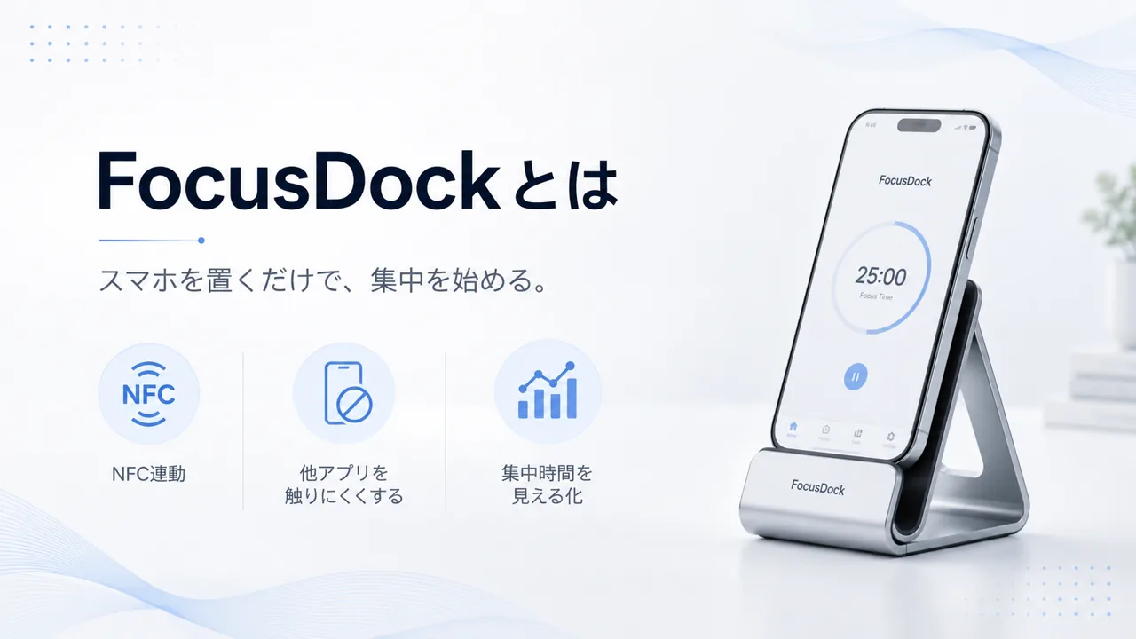 NFC連動、他アプリを触りにくくする仕組み、集中時間の見える化を説明するFocusDock概要